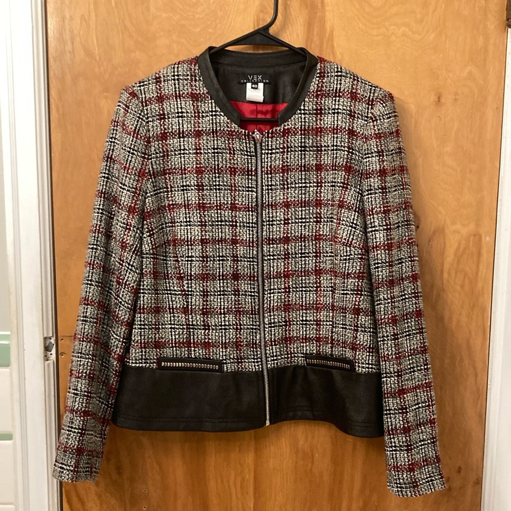 Vex Collection Tweed/Leather Trim Look Jacket Size 40